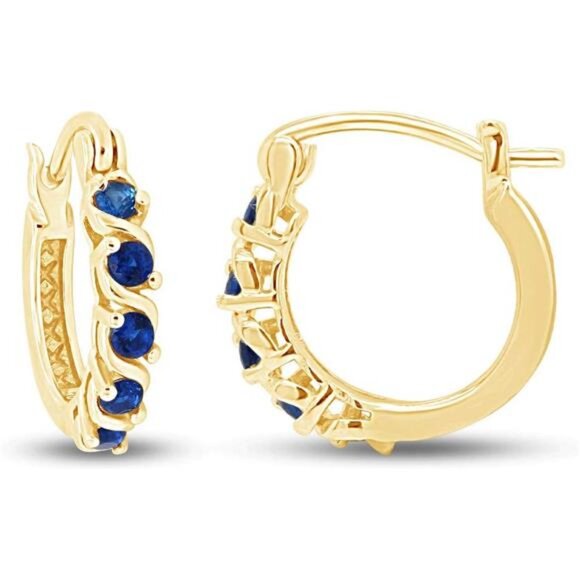 Gold Plated Blue Sapphire Hoop Earrings Sterling Silver Dainty Jewelry Gift - Picture 3 of 6